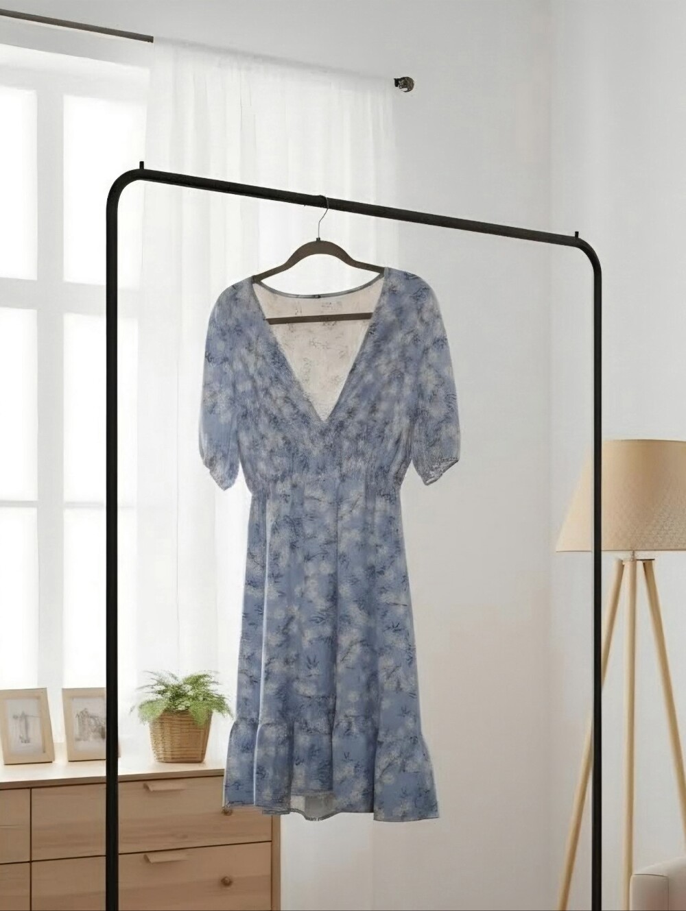 Light Blue Floral V-Neck Dress